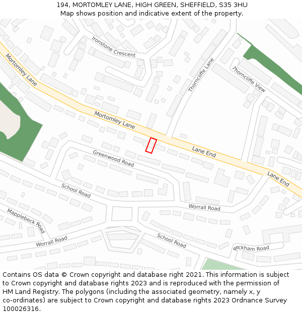 194, MORTOMLEY LANE, HIGH GREEN, SHEFFIELD, S35 3HU: Location map and indicative extent of plot