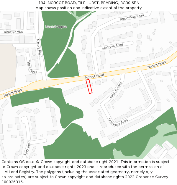 194, NORCOT ROAD, TILEHURST, READING, RG30 6BN: Location map and indicative extent of plot