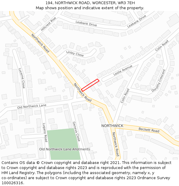 194, NORTHWICK ROAD, WORCESTER, WR3 7EH: Location map and indicative extent of plot