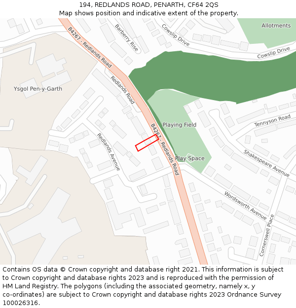 194, REDLANDS ROAD, PENARTH, CF64 2QS: Location map and indicative extent of plot