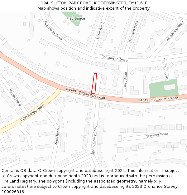 194, SUTTON PARK ROAD, KIDDERMINSTER, DY11 6LE: Location map and indicative extent of plot