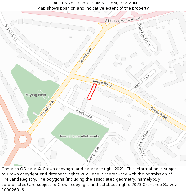 194, TENNAL ROAD, BIRMINGHAM, B32 2HN: Location map and indicative extent of plot