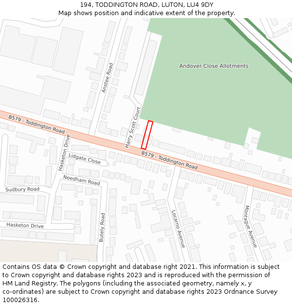 194, TODDINGTON ROAD, LUTON, LU4 9DY: Location map and indicative extent of plot