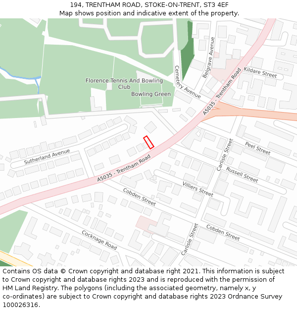 194, TRENTHAM ROAD, STOKE-ON-TRENT, ST3 4EF: Location map and indicative extent of plot