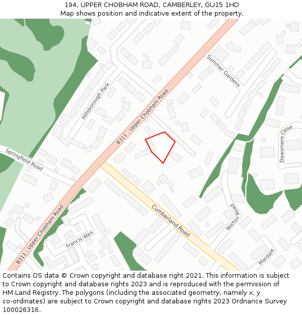 194, UPPER CHOBHAM ROAD, CAMBERLEY, GU15 1HD: Location map and indicative extent of plot