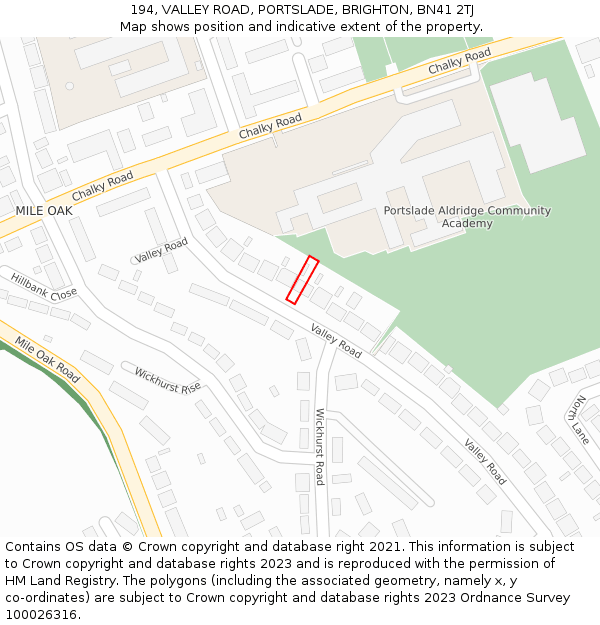 194, VALLEY ROAD, PORTSLADE, BRIGHTON, BN41 2TJ: Location map and indicative extent of plot