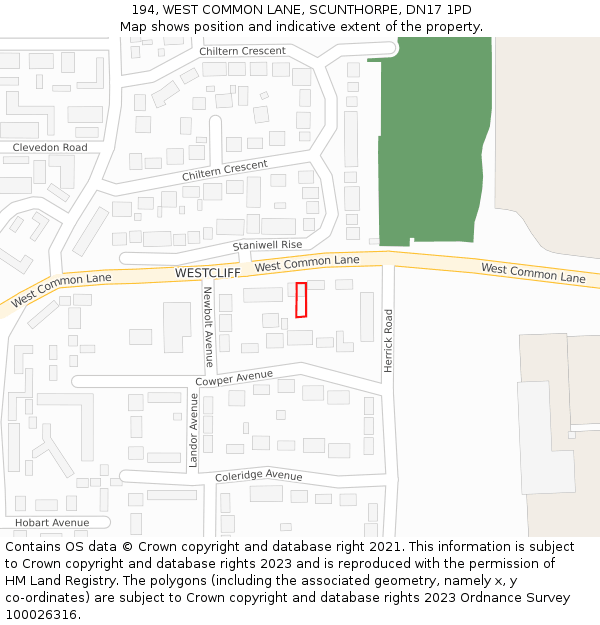 194, WEST COMMON LANE, SCUNTHORPE, DN17 1PD: Location map and indicative extent of plot