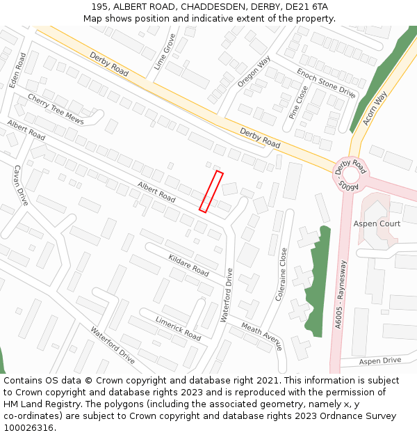 195, ALBERT ROAD, CHADDESDEN, DERBY, DE21 6TA: Location map and indicative extent of plot