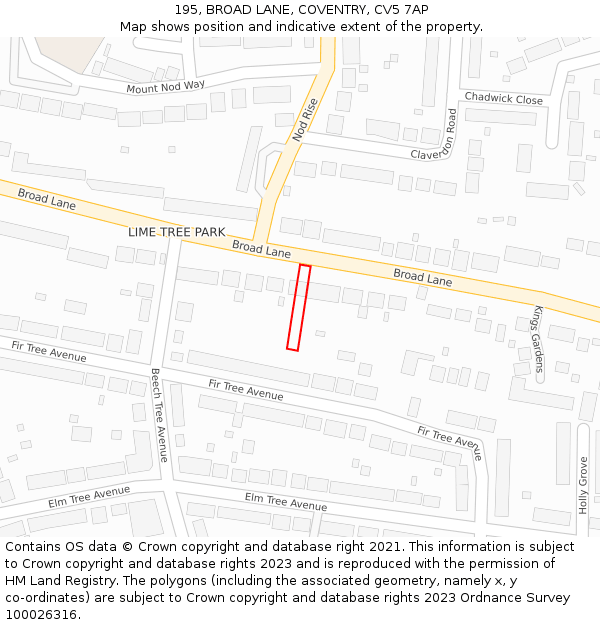 195, BROAD LANE, COVENTRY, CV5 7AP: Location map and indicative extent of plot