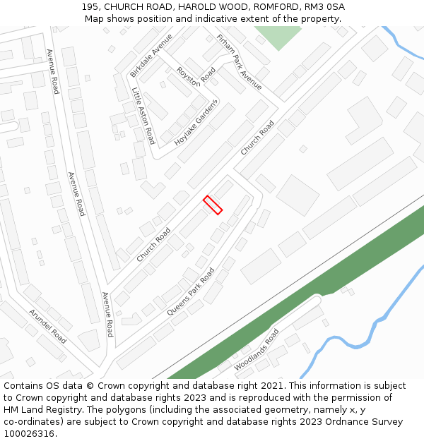 195, CHURCH ROAD, HAROLD WOOD, ROMFORD, RM3 0SA: Location map and indicative extent of plot