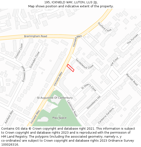 195, ICKNIELD WAY, LUTON, LU3 2JL: Location map and indicative extent of plot