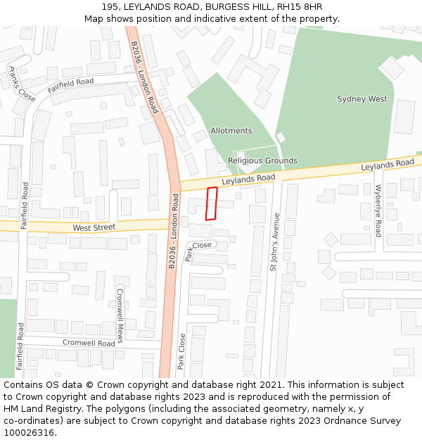 195, LEYLANDS ROAD, BURGESS HILL, RH15 8HR: Location map and indicative extent of plot