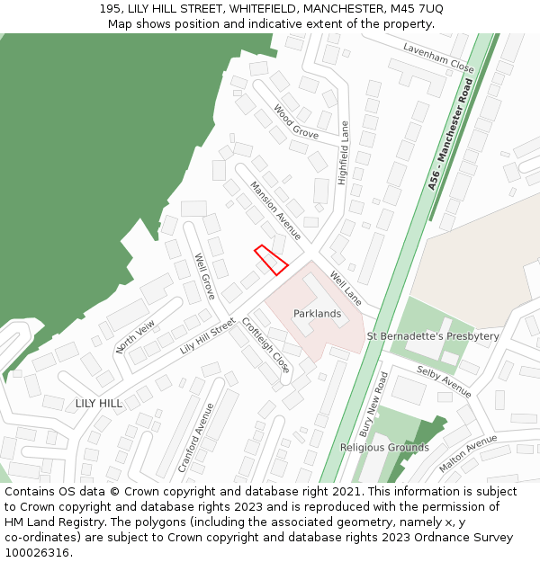 195, LILY HILL STREET, WHITEFIELD, MANCHESTER, M45 7UQ: Location map and indicative extent of plot