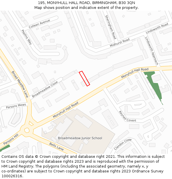 195, MONYHULL HALL ROAD, BIRMINGHAM, B30 3QN: Location map and indicative extent of plot