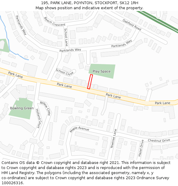 195, PARK LANE, POYNTON, STOCKPORT, SK12 1RH: Location map and indicative extent of plot