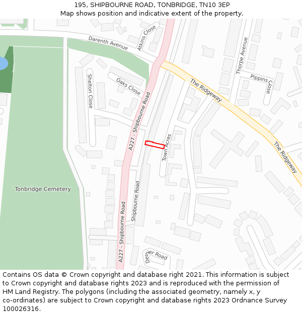 195, SHIPBOURNE ROAD, TONBRIDGE, TN10 3EP: Location map and indicative extent of plot