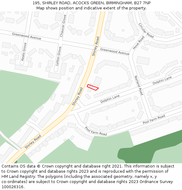 195, SHIRLEY ROAD, ACOCKS GREEN, BIRMINGHAM, B27 7NP: Location map and indicative extent of plot