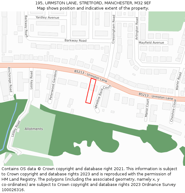 195, URMSTON LANE, STRETFORD, MANCHESTER, M32 9EF: Location map and indicative extent of plot