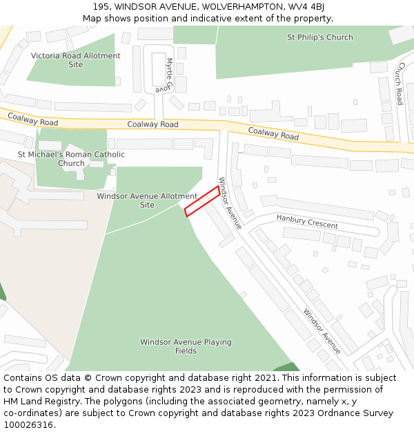 195, WINDSOR AVENUE, WOLVERHAMPTON, WV4 4BJ: Location map and indicative extent of plot