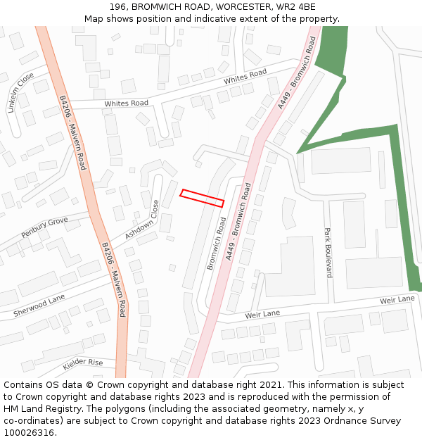 196, BROMWICH ROAD, WORCESTER, WR2 4BE: Location map and indicative extent of plot