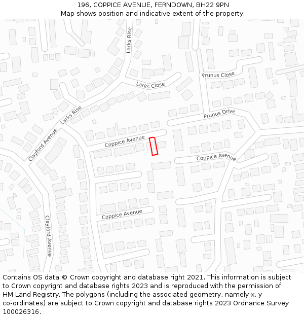 196, COPPICE AVENUE, FERNDOWN, BH22 9PN: Location map and indicative extent of plot