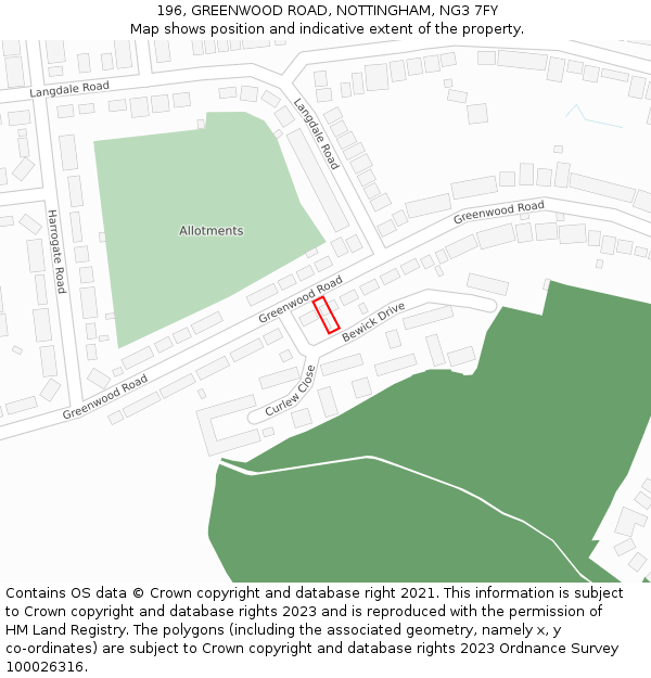 196, GREENWOOD ROAD, NOTTINGHAM, NG3 7FY: Location map and indicative extent of plot