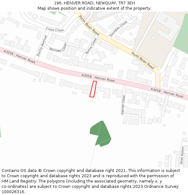 196, HENVER ROAD, NEWQUAY, TR7 3EH: Location map and indicative extent of plot