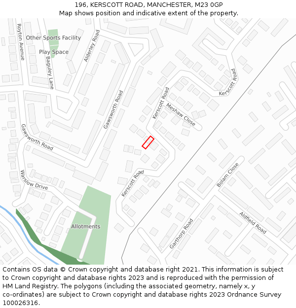 196, KERSCOTT ROAD, MANCHESTER, M23 0GP: Location map and indicative extent of plot