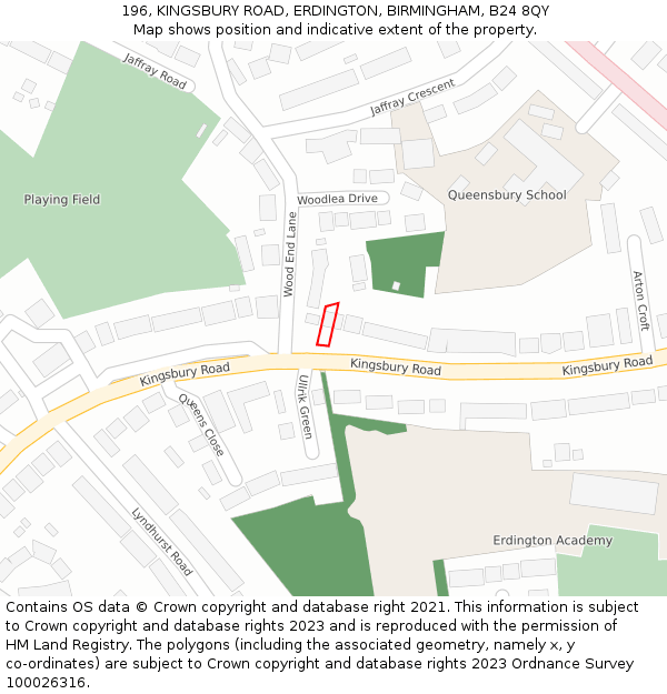 196, KINGSBURY ROAD, ERDINGTON, BIRMINGHAM, B24 8QY: Location map and indicative extent of plot