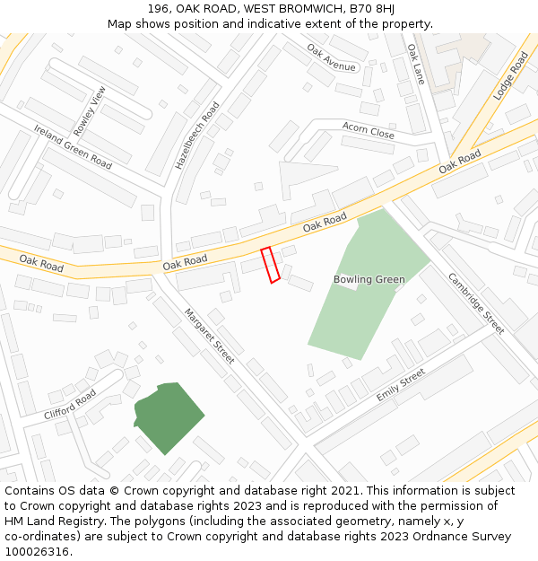 196, OAK ROAD, WEST BROMWICH, B70 8HJ: Location map and indicative extent of plot