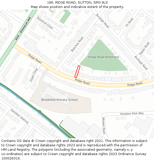 196, RIDGE ROAD, SUTTON, SM3 9LS: Location map and indicative extent of plot