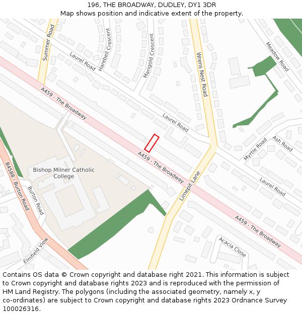 196, THE BROADWAY, DUDLEY, DY1 3DR: Location map and indicative extent of plot