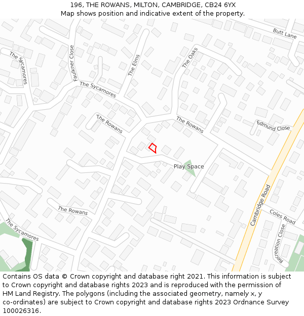 196, THE ROWANS, MILTON, CAMBRIDGE, CB24 6YX: Location map and indicative extent of plot