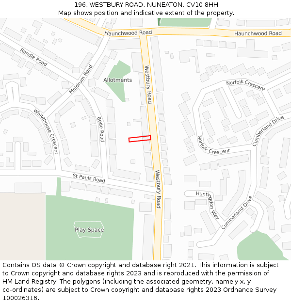 196, WESTBURY ROAD, NUNEATON, CV10 8HH: Location map and indicative extent of plot