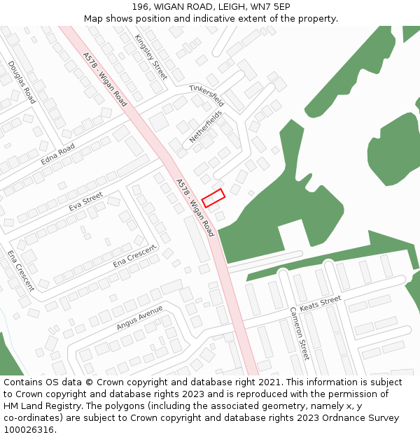 196, WIGAN ROAD, LEIGH, WN7 5EP: Location map and indicative extent of plot