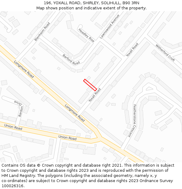 196, YOXALL ROAD, SHIRLEY, SOLIHULL, B90 3RN: Location map and indicative extent of plot