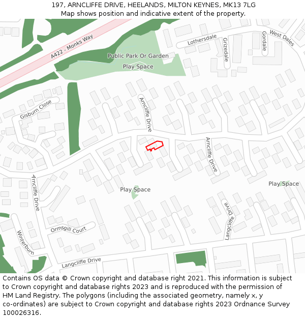 197, ARNCLIFFE DRIVE, HEELANDS, MILTON KEYNES, MK13 7LG: Location map and indicative extent of plot