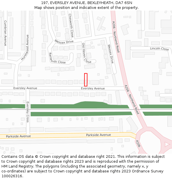 197, EVERSLEY AVENUE, BEXLEYHEATH, DA7 6SN: Location map and indicative extent of plot