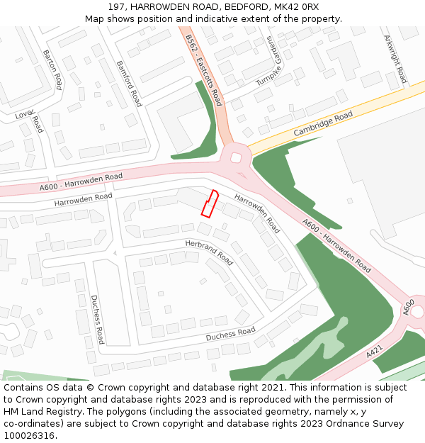 197, HARROWDEN ROAD, BEDFORD, MK42 0RX: Location map and indicative extent of plot