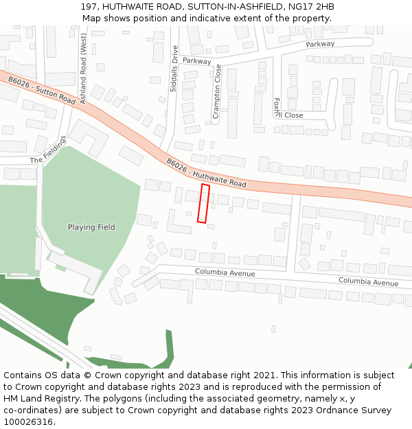 197, HUTHWAITE ROAD, SUTTON-IN-ASHFIELD, NG17 2HB: Location map and indicative extent of plot