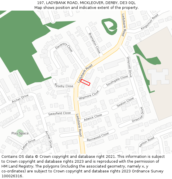 197, LADYBANK ROAD, MICKLEOVER, DERBY, DE3 0QL: Location map and indicative extent of plot