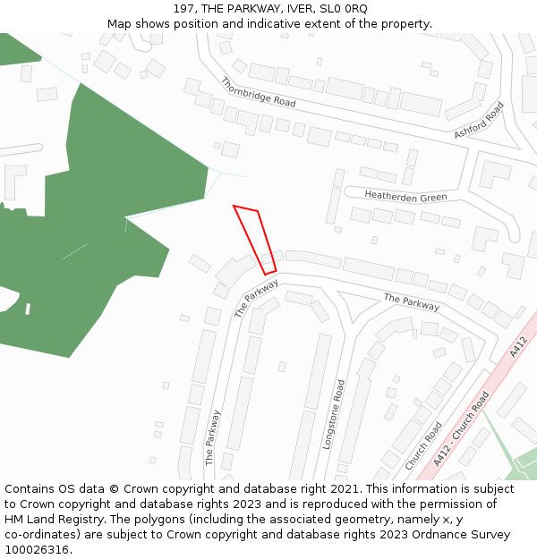 197, THE PARKWAY, IVER, SL0 0RQ: Location map and indicative extent of plot