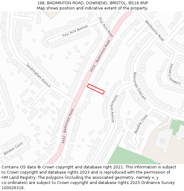 198, BADMINTON ROAD, DOWNEND, BRISTOL, BS16 6NP: Location map and indicative extent of plot