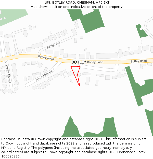 198, BOTLEY ROAD, CHESHAM, HP5 1XT: Location map and indicative extent of plot