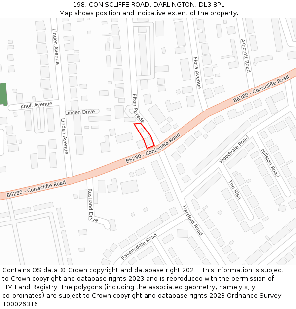 198, CONISCLIFFE ROAD, DARLINGTON, DL3 8PL: Location map and indicative extent of plot