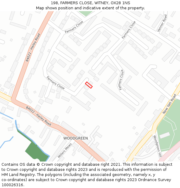 198, FARMERS CLOSE, WITNEY, OX28 1NS: Location map and indicative extent of plot