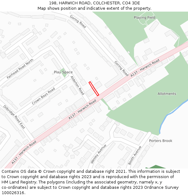 198, HARWICH ROAD, COLCHESTER, CO4 3DE: Location map and indicative extent of plot