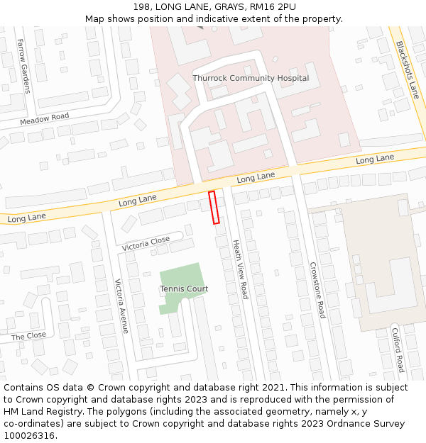 198, LONG LANE, GRAYS, RM16 2PU: Location map and indicative extent of plot