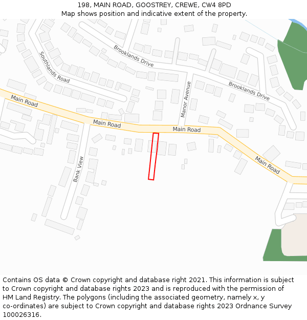 198, MAIN ROAD, GOOSTREY, CREWE, CW4 8PD: Location map and indicative extent of plot