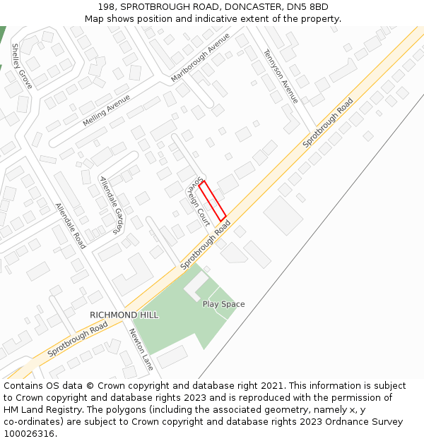 198, SPROTBROUGH ROAD, DONCASTER, DN5 8BD: Location map and indicative extent of plot